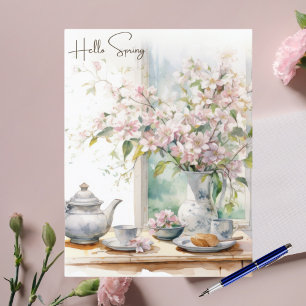 Hello Spring Pastel Apple Blossoms Holiday Postcard