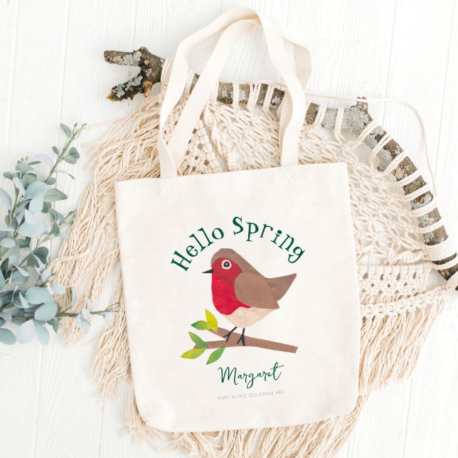 Hello Spring Personalised Retro Robin Cute Bird Tote Bag (The uplifting message "Hello Spring" appears in retro whimsical typography on this spring tote bag.)
