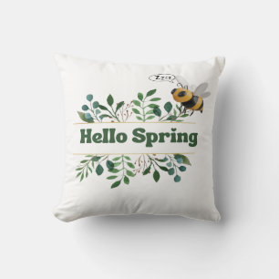 Hello Spring: Playful Bee and Green Foliage Pillow