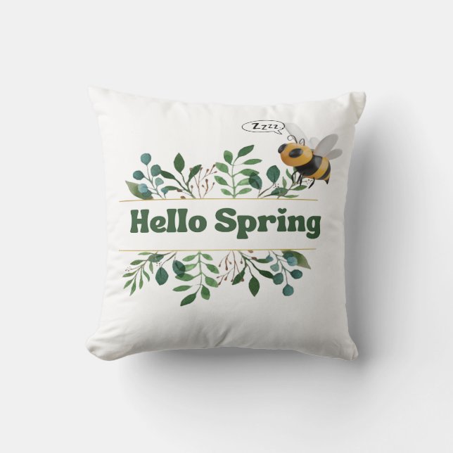 Hello Spring: Playful Bee and Green Foliage Pillow (Front)