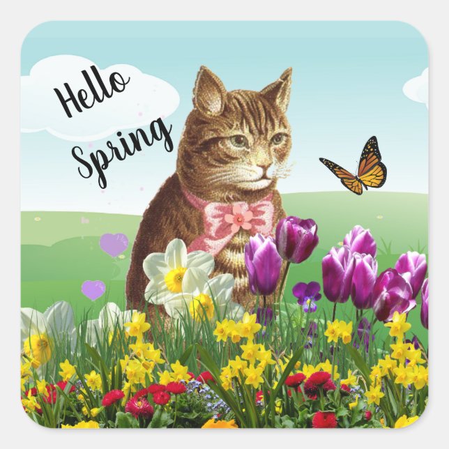 Hello Spring Seasonal Cat in Garden Square Sticker (Front)