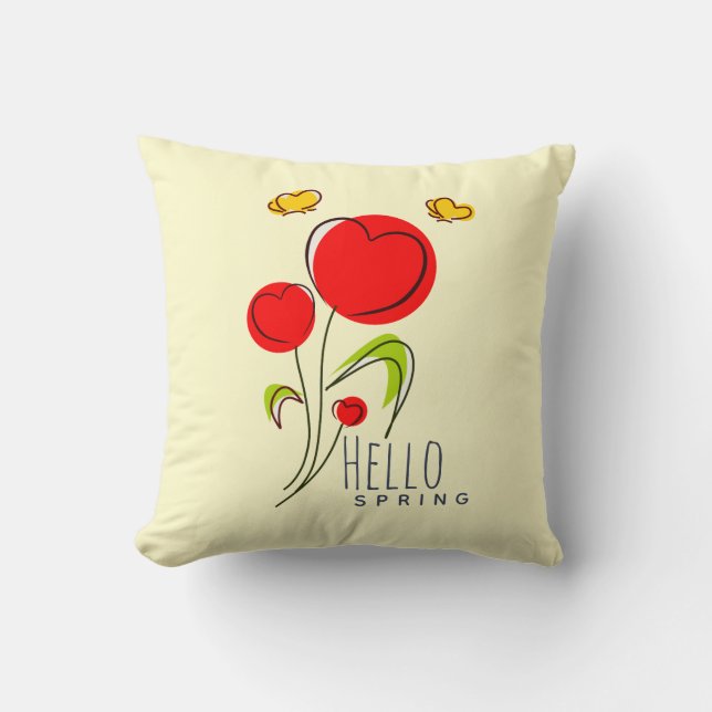 Hello Spring Text with Cute Red Heart Flowers Cushion (Front)