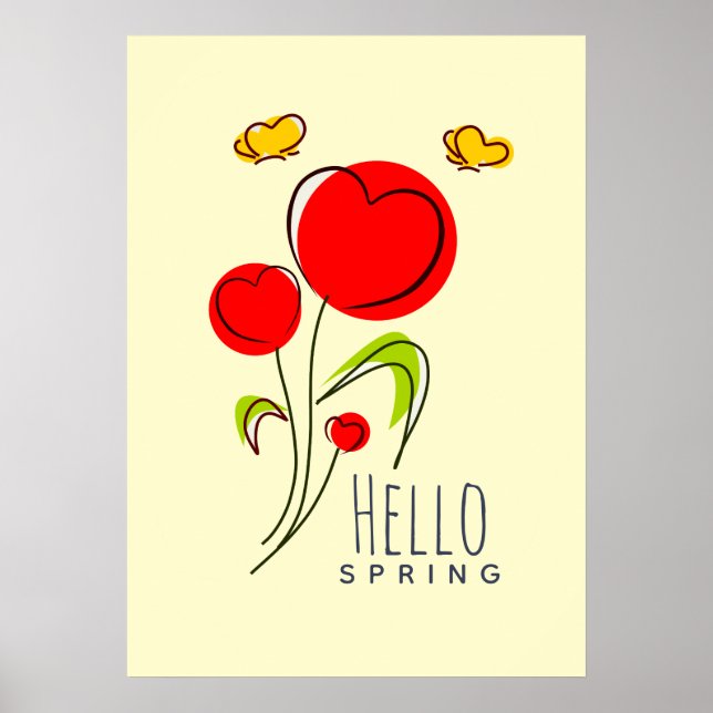 Hello Spring Text with Cute Red Heart Flowers Poster (Front)