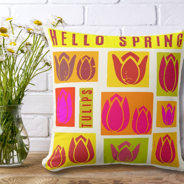 Hello spring tulip garden home decor Throw Pillow (Creator Uploaded)