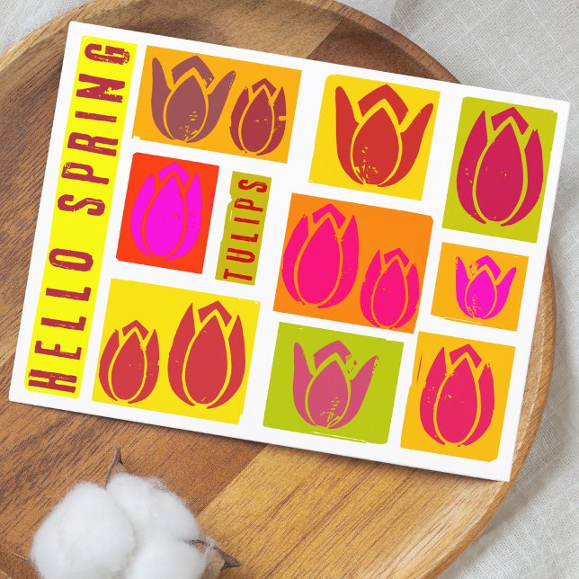 Hello spring tulips stamp style colourful Postcard (Creator Uploaded)