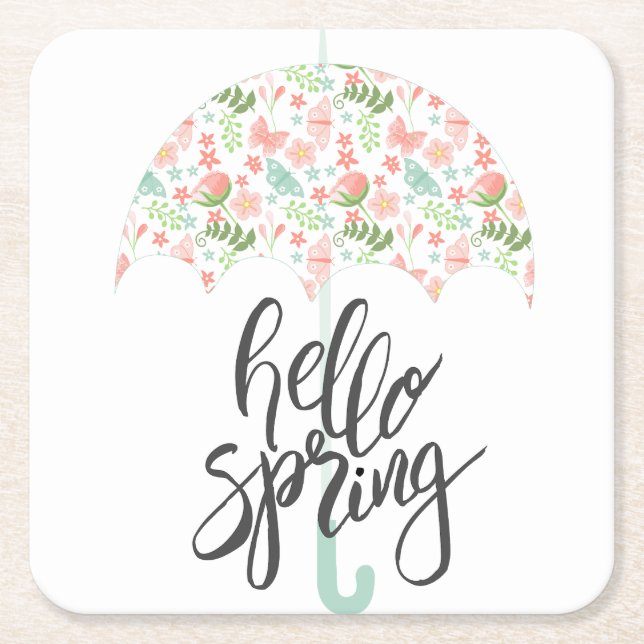 Hello Spring Umbrella Square Paper Coaster (Front)