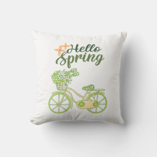 Hello Spring Vintage Bicycle Illustration Cushion