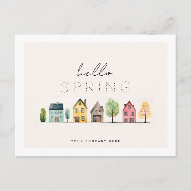 Hello Spring Watercolor Houses Real Estate Postcard (Front)