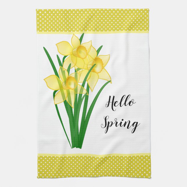 Hello Spring Yellow Daffodil Tea Towel (Vertical)