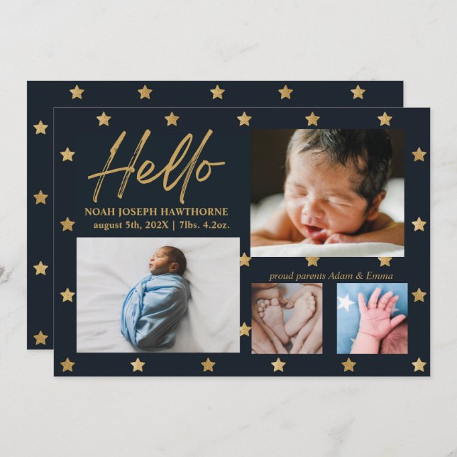 "Hello" star navy chic 4 Photo Baby Announcement (Front/Back)