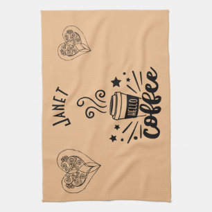 Hello Steaming Coffee Personalised With Hearts Tea Towel