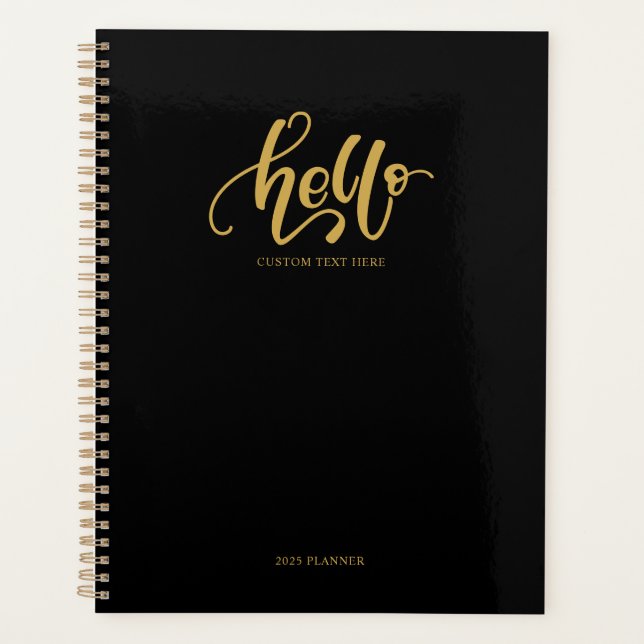 Hello Stylish Black & Gold Calligraphy Script Planner (Front)