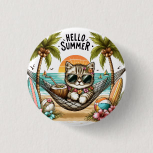 Hello Summer Beach Cat 3 Cm Round Badge