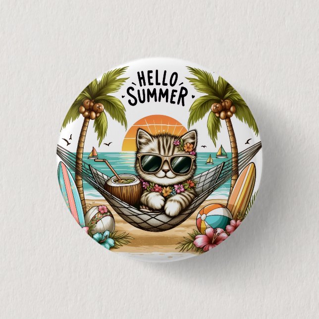 Hello Summer Beach Cat 3 Cm Round Badge (Front)