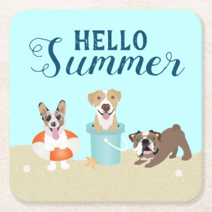 Hello Summer Beach Dogs Blue Orange Square Paper Coaster