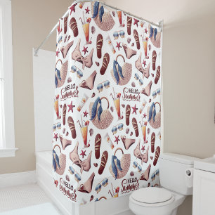 Hello Summer Beach Vibes Fun Vacation pattern Shower Curtain