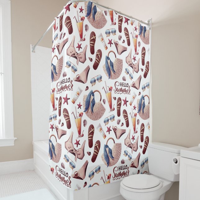 Hello Summer Beach Vibes Fun Vacation pattern  Shower Curtain (Creator Uploaded)