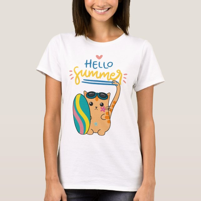 "Hello Summer Cat Surfer" T-Shirt (Front)