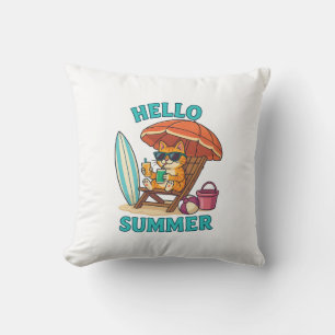 Hello Summer Cat T-Shirt – Cute Cartoon Beach Gift Cushion