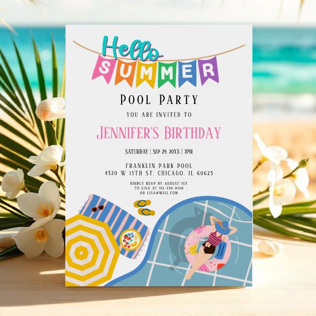 Hello Summer Colourful Banner Pool Party Birthday Invitation (Creator Uploaded)