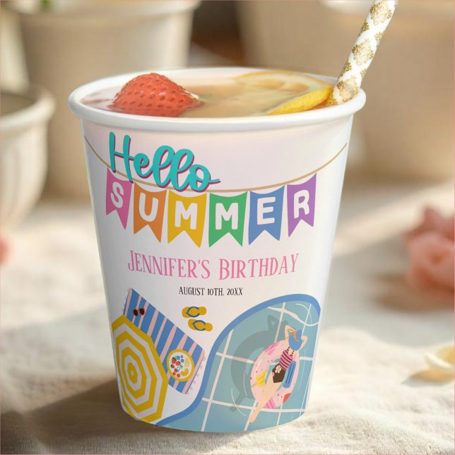 Hello Summer Colourful Banner Pool Party Birthday Paper Cups (Creator Uploaded)