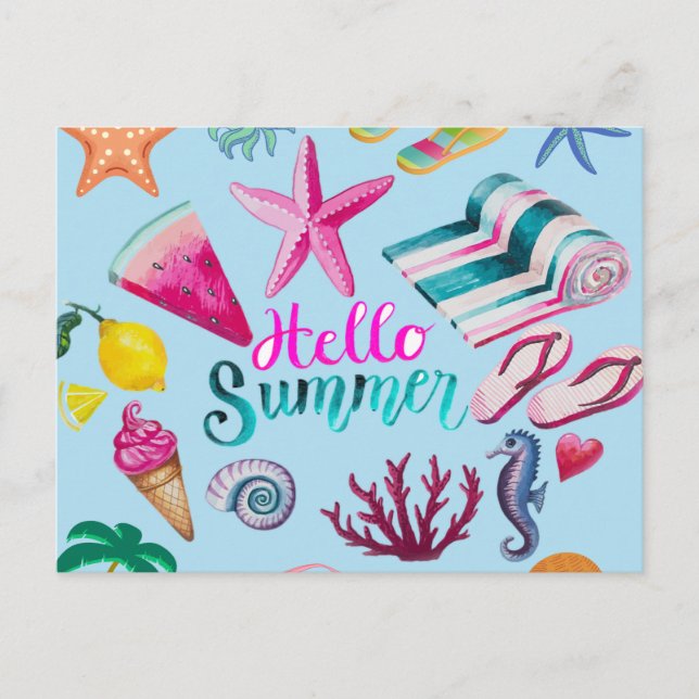 Hello Summer Colourful Beach Ocean Themed  Postcard (Front)