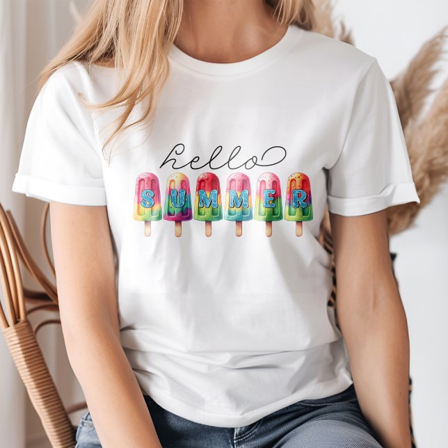 "Hello Summer" Colourful Ice Cream Pop T-Shirt (Young blond woman wearing a "Hello Summer" Colorful Ice Cream Pop T-Shirt.)