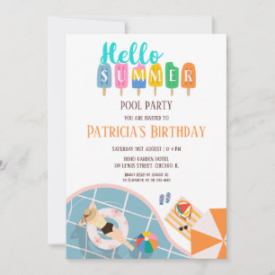 Hello Summer Colourful Ice Creams Pool Party Bday Invitation