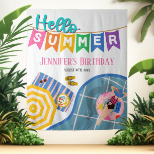 Hello Summer Colourful Pool Party Bday Backdrop Tapestry