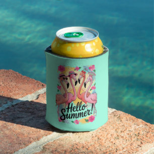 Hello Summer Cute Flamingo Beach Vacation Tropical Can Cooler