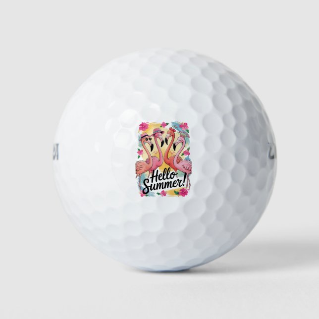 Hello Summer Cute Flamingo Beach Vacation Tropical Golf Balls (Front)