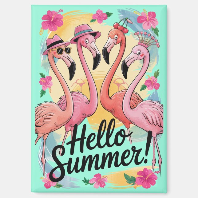 Hello Summer Cute Flamingo Beach Vacation Tropical Magnet (Front)