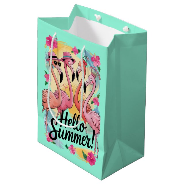 Hello Summer Cute Flamingo Beach Vacation Tropical Medium Gift Bag (Front Angled)