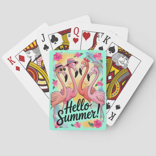 Hello Summer Cute Flamingo Beach Vacation Tropical Playing Cards (Back)