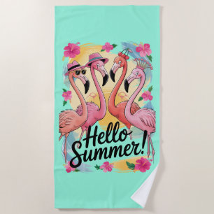 Hello Summer Cute Flamingo Beach Vacation Tropical Towel