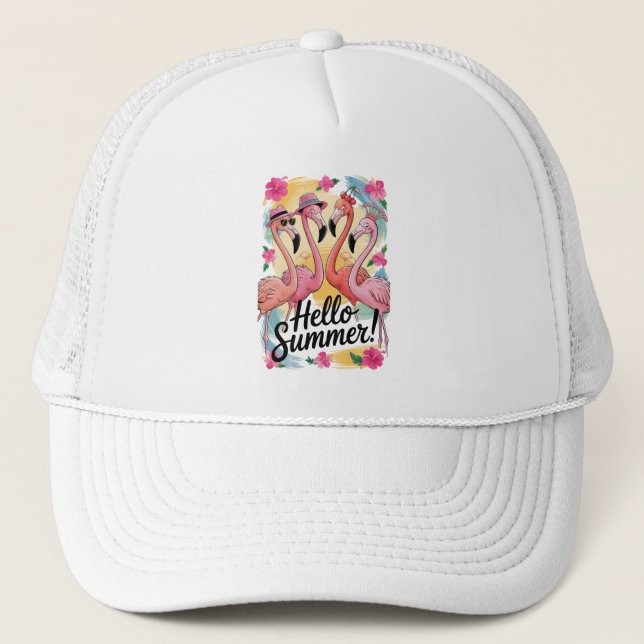 Hello Summer Cute Flamingo Beach Vacation Tropical Trucker Hat (Front)