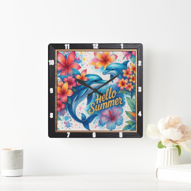 Hello Summer Dolphin Floral Square Wall Clock (Home)