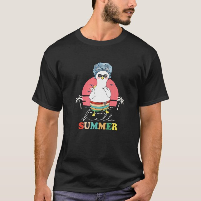 Hello Summer  Duck Palm Tree Beach Ocean Vacation  T-Shirt (Front)