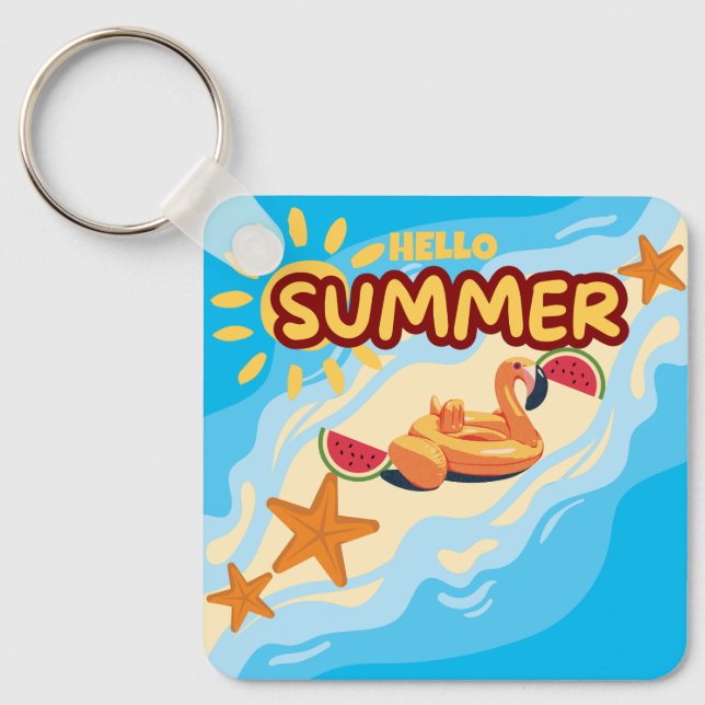 Hello Summer Flamingo Beach  Key Ring (Front)