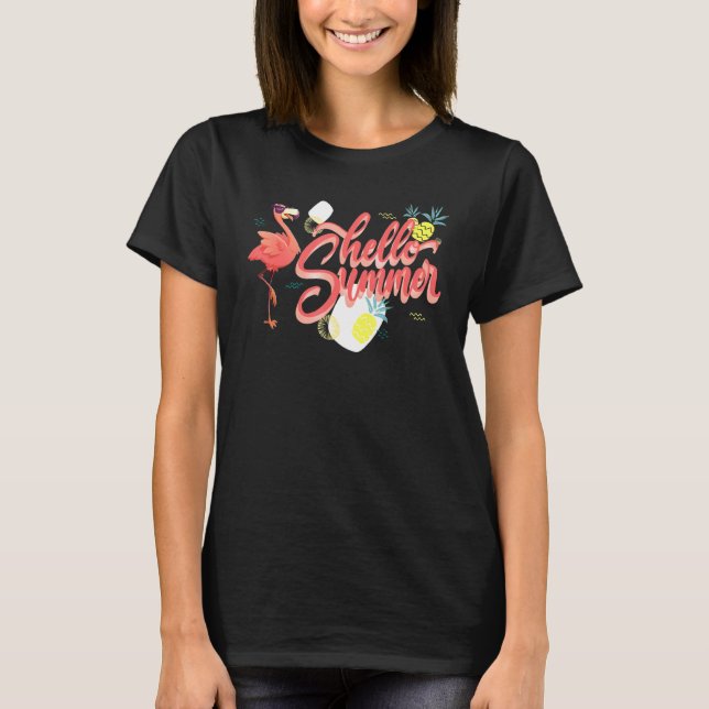 Hello Summer Flamingo Pineapple Sunglasses T-Shirt (Front)