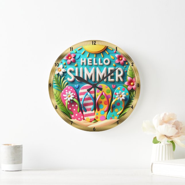 Hello Summer Flip Flops Beach  Large Clock (Home)