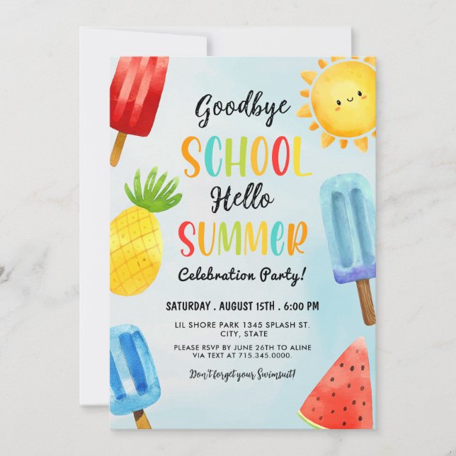 Hello Summer, Goodbye School, End of School Party  Invitation (Front)