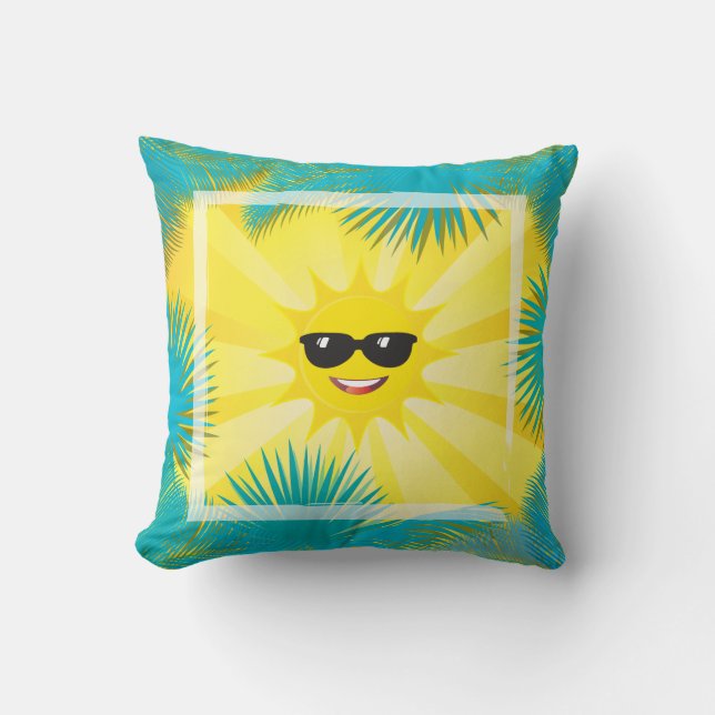 Hello Summer! Happy Sun Smiley Tropical palm frame Cushion (Front)
