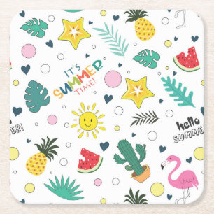 Hello Summer, It's Summer Time, Summer Fun Square Paper Coaster