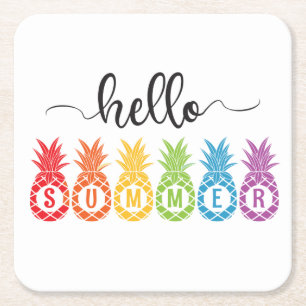Hello Summer Pineapple Square Paper Coaster
