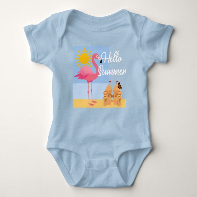 Hello Summer Pink Flamingo Design - Baby Jersey Bo Baby Bodysuit (Front)