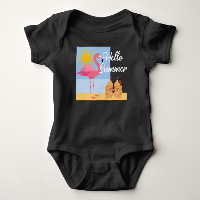 Hello Summer Pink Flamingo Design - Baby Jersey Bo Bodysuit (Front)