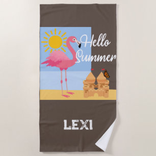 Hello Summer Pink Flamingo Design - Beach Towel
