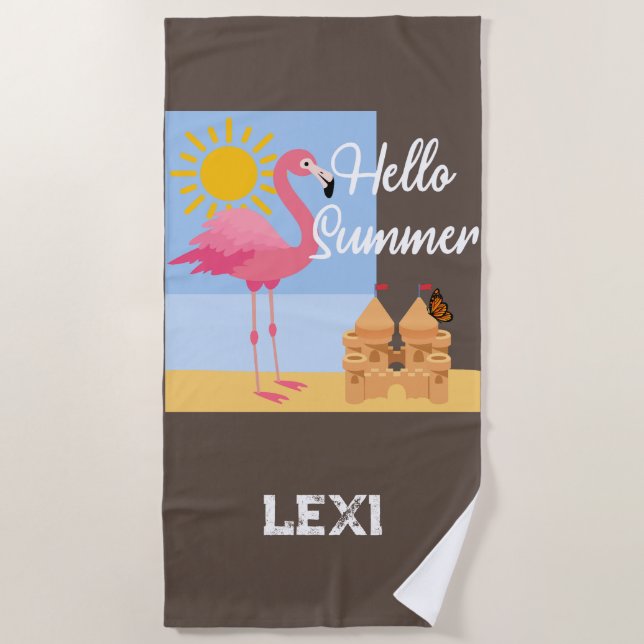 Hello Summer Pink Flamingo Design - Beach Towel (Front)