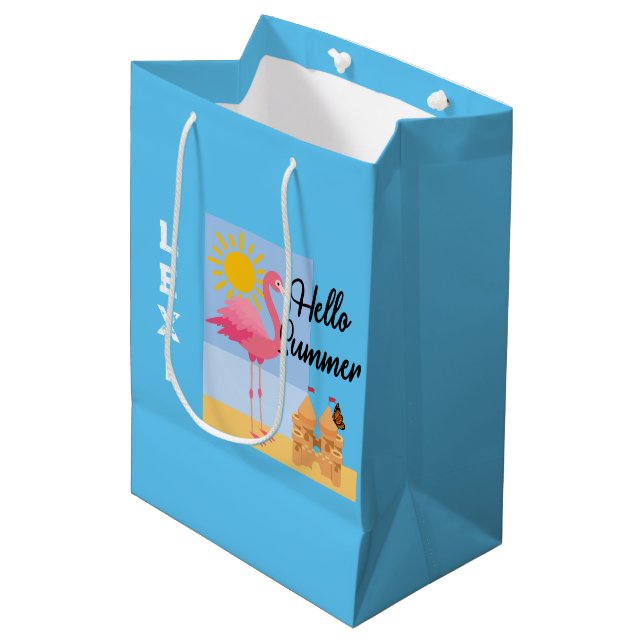 Hello Summer Pink Flamingo Design - Gift Bag - Med (Front Angled)